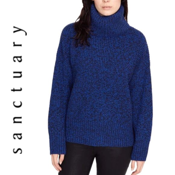 Sanctuary NWT Oversized Blue Marled Chunky Knit Roll Neck Sweater Size L (12-14) - Picture 1 of 11